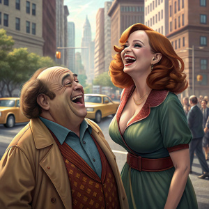 Danny DeVito and Christina Hendricks on the set of their new film, laughing and joking. A bright outdoor scene with bustling cityscape in the background.