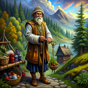 hutsul man selling hooks in the old town, forest background