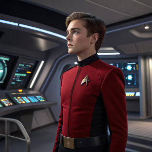 Wesley Crusher, young and serious, in red Starfleet uniform. Standing in a modern spaceship interior with advanced tech