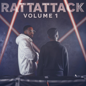 Album cover for 'Rattattack Volume 1'. Futuristic design with neon lights and bold red lines. Names of DJs and venue prominently displayed.