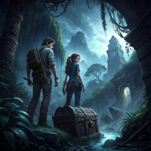 Digital art cover for Uncharted 4. Nathan Drake and Chloe Frazer standing on misty, ancient ruins. Dark, moody palette. Action-packed scene with treasure chests and artifacts in background.