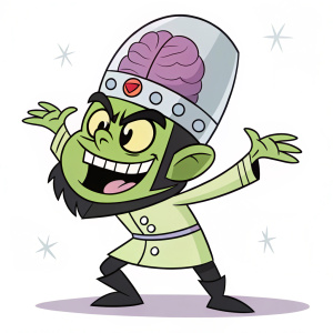 Mojo Jojo in a funny pose. Green skin and big brain head. Cartoon character from Dexter's Laboratory. Playful and mischievous expression.