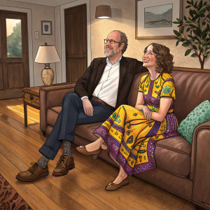 Ron Glazer and Dara Tomanovich at a cozy living room. Ron in a dark blazer and white shirt, Dara in a vibrant dress with yellow, purple, and turquoise patterns. Both sitting on a brown leather couch with wooden floor underneath.