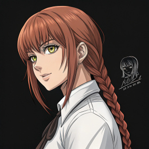 Digital artwork featuring Makima from the popular anime series 'Chain Devil'. Makima exudes a youthful charm with a complex expression, blending innocence with mystery. She sports long, auburn hair in a braid. Plain black background with a small, sketch-like drawing on the right side showing Makima with a playful expression.