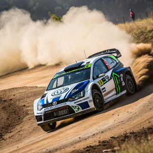 Dynamic shot of a rally car, a Volkswagen Polo R, racing through a sharp dirt track turn. The car, painted in contrasting black, white, blue, and green, with the iconic Volkswagen emblem, speeds past, stirring up a cloud of dust. Captured at an angle, highlighting the intense motion and grit of the race.