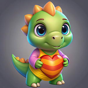 Dinosaurio bebe tierno con camiseta de colores, con un corazón en las manos
