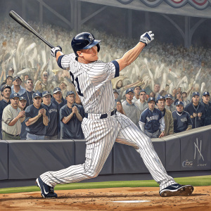Chase Headley, in a dynamic pose, swinging a baseball bat. Focused stance. Wearing a classic New York Yankees uniform. Behind him, a sea of cheering fans at Yankee Stadium.