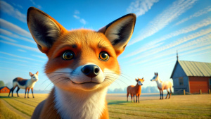 Create an image of a sly-looking big male fox discreetly observing other farm animals in a corner of the sunny farm, wide camera shot, cinematic, a clear blue sky, Disney style, kid story, cartoon style, drone shot,32k