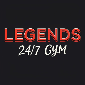 Bold, stylized logo for 'Legends 24/7 Gym'. Black background with vibrant red font. 'Legends' in large letters at the top, followed by '24/7 Gym' in smaller, cursive font.