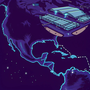Infographic showcasing Amazon's Distribution Center. Map of the Americas, Illustration of Facility. Emphasizing Infrastructure and Technological Innovations in Logistics and Distribution.