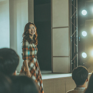 Cho Bo-ah, Korean actress, attending an award show. Dressed in a vibrant plaid dress with relaxed pose. The stage background features dynamic lights and audience