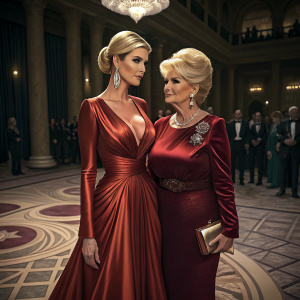 Ivanka Trump and Ivana Trump at a gala event. Both are elegantly dressed. Ivanka in a long, deep v-neck gown, Ivana in a rich, velvety dress adorned with a decorative brooch. Patterned floor and dim lighting.