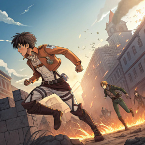 Digital artwork featuring dynamic poses of Attack on Titan characters. Bright color palette. Anime-inspired, action-packed scene.