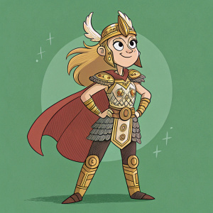 Huntara from She-Ra illustrated in a whimsical style. Cartoon character with intricate armor and clothing details. Background is solid green color. Confident pose, detailed textures.