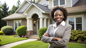 Confident african American women real estate agent stands proudly outside a modern home, radiating expertise and approachability, ready to assist potential house buyers