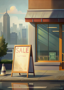Seattle bookstore window during sunny morning. Blank sign above the window. Sandwich board that says "sale"