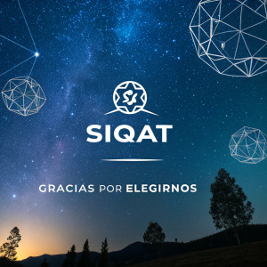 Digital marketing campaign featuring cosmic-themed graphics. Deep blue background with geometric shapes and a stylized logo SIQAT. Phrase 'Gracias por elegirnos' in bold font. Galaxy-like appearance with celestial backdrop.