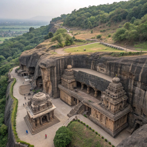 Intricate carvings and sculptures adorn the ancient Indian cave temples. Aerial view from above