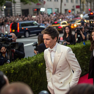 Eddie Redmayne at the Met Gala, dressed in a white suit. Crowded street view with flashing cameras.