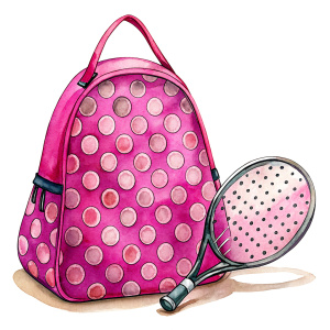 hand drawn watercolor pink polka dot tennis bag with tennis racket