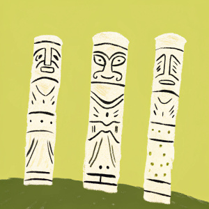 Digital rendering of three ancient stone pillars with a rustic gray finish, displaying intricate mayan design. Dark background