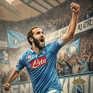 Gonzalo Higuain celebrating a goal, wearing blue jersey with sponsor logos. Throngs of passionate fans in the stadium background