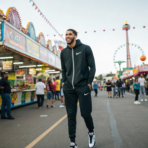 Jayson Tatum, NBA star, posing in a Nike track suit. Outside a stadium, in the midst of a busy street fair.