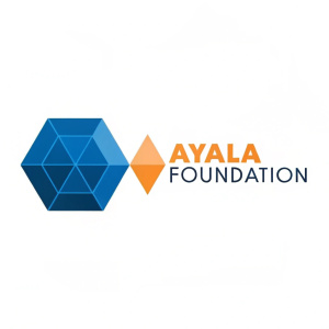 The Ayala Foundation logo features a sleek, minimalist design. One side displays a vibrant blue geometric shape, while the other showcases crisp orange text, creating a striking contrast. The logo exudes professionalism and modernity.