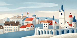 White illustration,  Marek Brzozowski style, structural aesthetics, a lot of historical prague houses and briges, huge ocean and sky, white, light pastel colors, zoom out view, grainy texturing paper