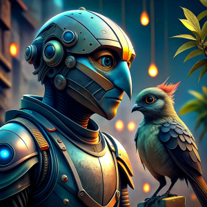 "Create an image featuring humanoid robotic birds with human-like beaks and wings, showcasing a large-bodied robot engaging in conversation with a small, sparrow-sized robotic bird. Capture the scene from a wide-angle perspective."
