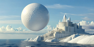 White illustration, René Magritte style, surrealism  structural aesthetics, sophistic architecture,  huge ocean and sky, white, magic, gain paper, --aspect 4:1