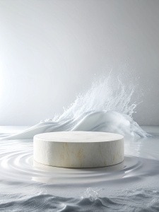 белый камень подиум для демонстрации продукта, фон  белый со струящейся водой
