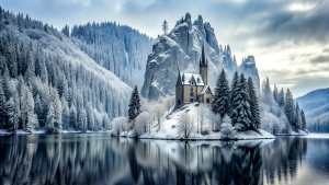 you see a cathedrale, which stands directly on the shore of a lake. behind the house is a wintry forest. high rock faces rise above the forest