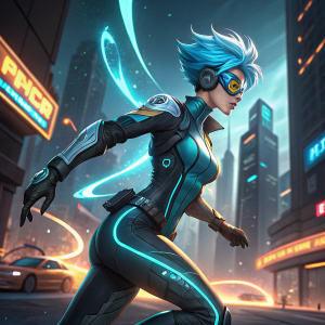 Concept art featuring a character named Tracer from Overwatch. She has vibrant blue hair and wears a sleek, high-tech bodysuit.