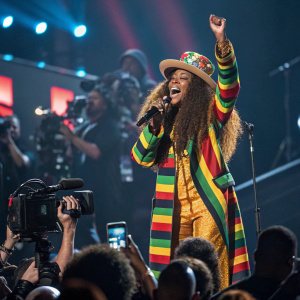 Erykah Badu, performing at the Grammy Awards. Surrounded by flashing cameras and cheering fans.