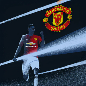 Cartoon illustration of Marcus Rashford in action. Wearing Manchester United's red jersey with Chevrolet logo. Determined pose. Bold red background with large Manchester United emblem. Bright, dynamic style highlighting strong physique and team logo.
