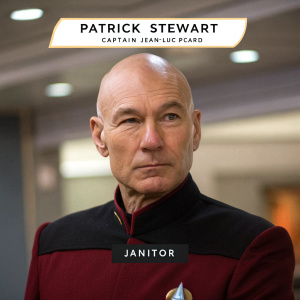 Patrick Stewart, known as Captain Jean-Luc Picard, in a humorous meme. He is bald with a serious look, wearing a Starfleet uniform. The meme text jokes about his role as a janitor. Background blurred, indoor setting.