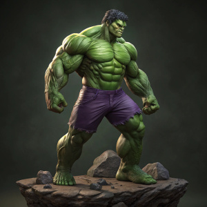 Digital illustration of a hulk statue. Powerful hulk character from marvel. Green skin, big muscles, purple shorts. Standing on rocky base in dimly lit, dark background.
