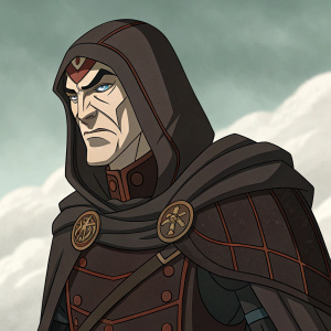 Amon, from the animated series Avatar: The Legend of Korra, illustrated with a stern expression. Clad in a dark brown cloak and adorned with intricate armor details.