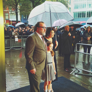 Ray Winstone and Elaine Winstone at the London Film Festival premiere. Ellie Rae Winstone, their daughter, standing beside them. Crowds and barricades in the background.