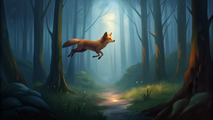 a fox jump in the smoky forest, 