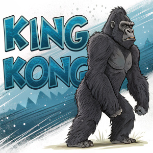 Creative, stylized 'King Kong' illustration. Large, graphic letters in vibrant blue. Bold, thick and thin lines. Lighter streaking design for dynamic, abstract quality. Cartoon illustration with modern, edgy twist.