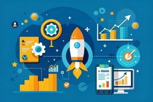 Illustrate the Growth-Driven Design (GDD) process visually. Show the three stages: Strategy, Launch, and Continuous Improvement. Include visuals of goal setting, persona development, website creation, data analysis, and optimization. Use modern flat design, vibrant colors, and avoid text for universal appeal.