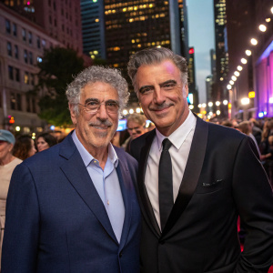 Elliot Gould and Chris Noth, both in sharp suits, at a bustling New York City charity gala. Crowds and city lights in the background.