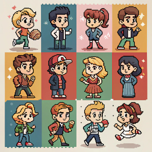 Pixel art grid showcasing characters from Riverdale in diverse outfits and hairstyles, each cell 16x16 pixels. Each character styled like video game sprites.