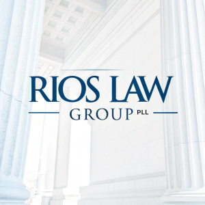 The Rios Law Group PLL logo. Sleek and modern design. Dark blue and light blue text. Professional look.