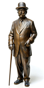 A bronze statue of Hercule Poirot as played by David Suchet, a bowler hat on his head, fine mustache, hands in gloves, with a walking cane