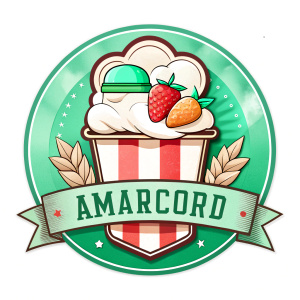 a logo for an Italian gelato cafe, pizzeria "AMARCORD" that will combine elements of retro style, national colors and symbols of Italy, as well as images of ice cream and pizza. The logo should be bright, recognizable and attractive for visitors.