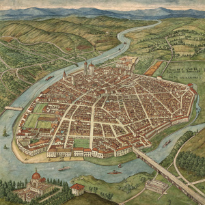 A detailed map of Florence, Italy, from the 15th century. Featuring intricate drawings of roads, waterways, and buildings.