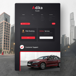 Adika Taxi's sleek website guide for booking rides and deliveries. Dark theme with red and gray accents.